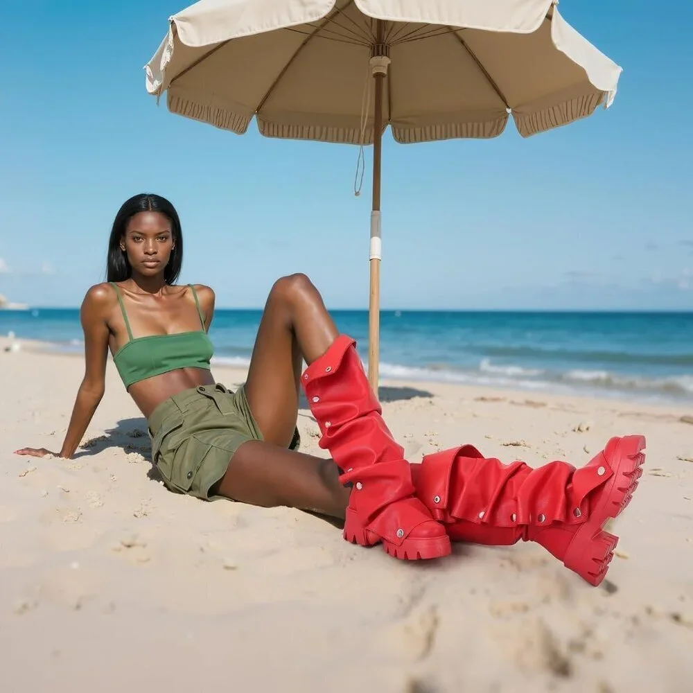 Women's Red Pu Fold Over Knee Slouchy Ruched Stacked Heel Round Toe Boots